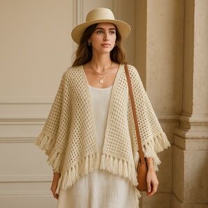 Handmade Cream Crochet Fringe Shrug Poncho – One Size Fits All